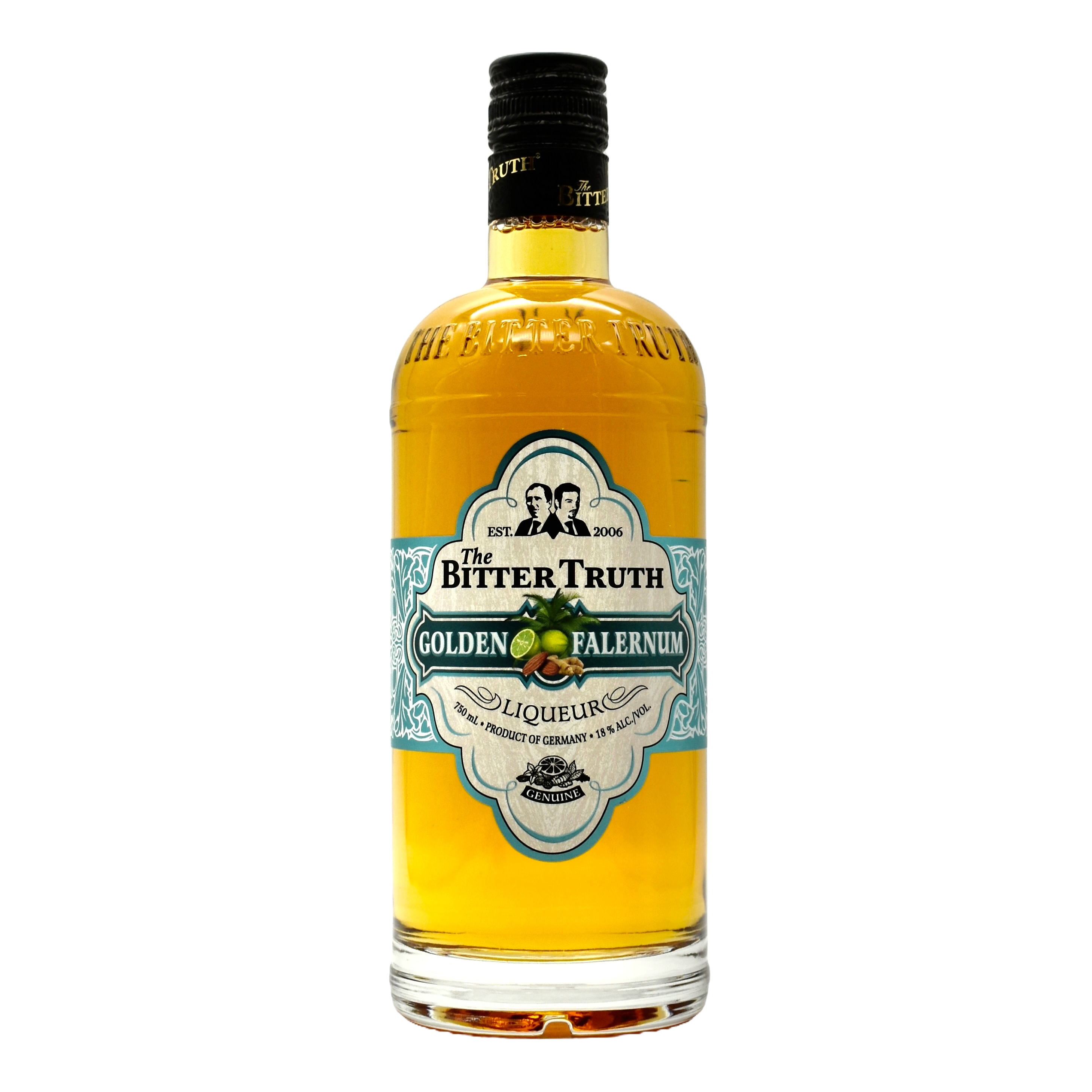 A bottle of Bitter Truth Golden Falernum Liqueur with a yellowish liquid visible through the clear glass. The label features the brand name and product name with a vintage style design.