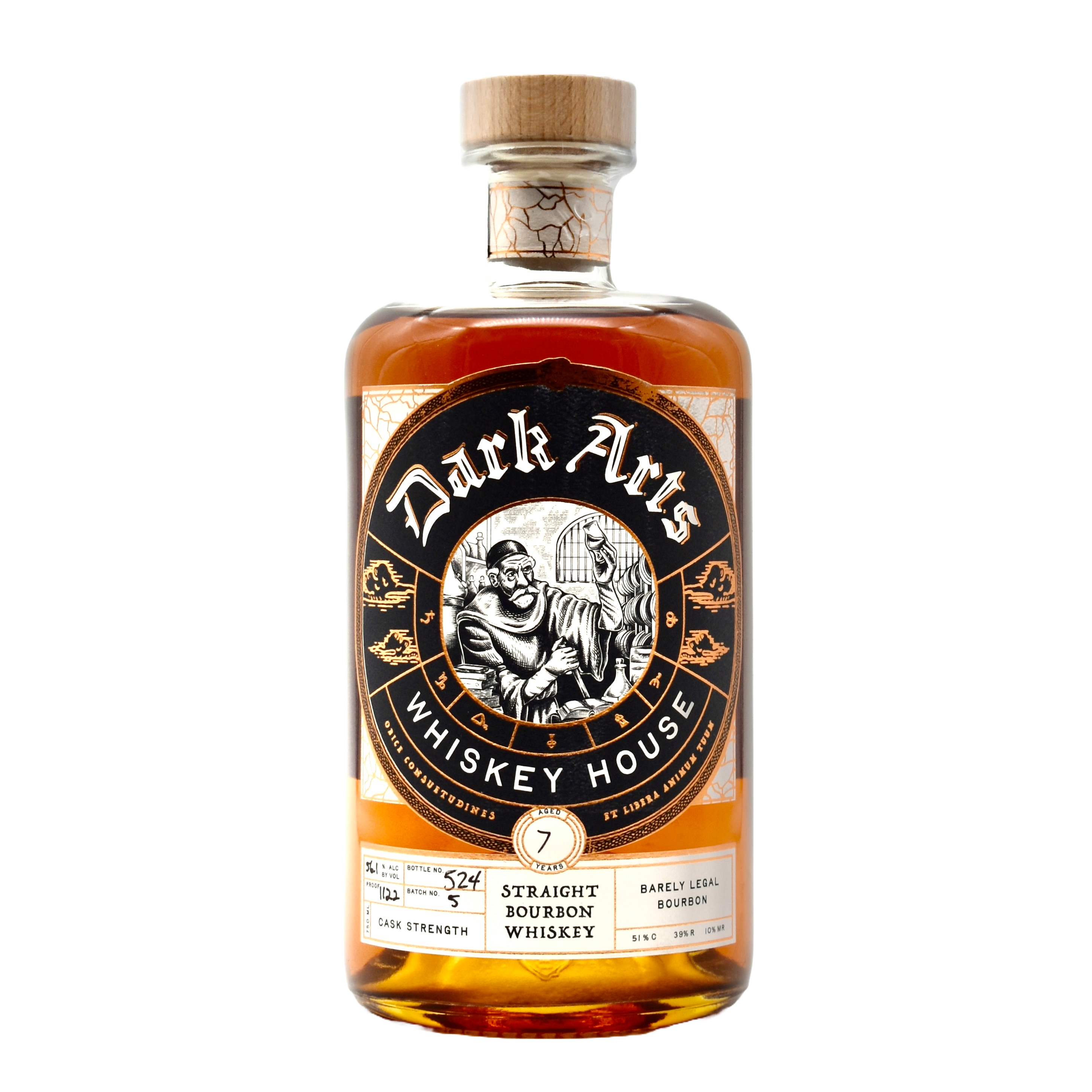 A bottle of Dark Arts Barely Legal Bourbon with a label featuring a skull and some ornate designs, predominantly in black, gold, and brown colors.