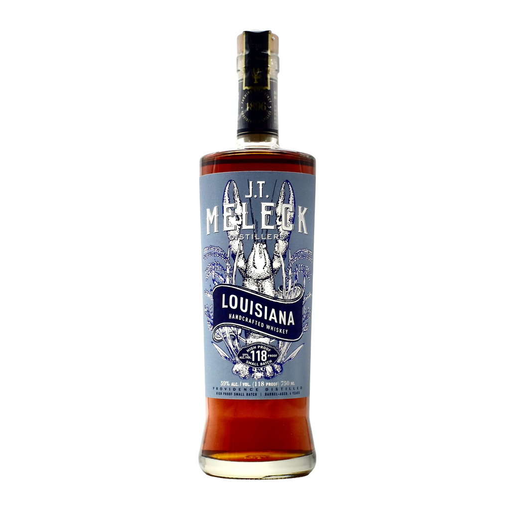 Bottle of J.T. Meleck Louisiana handcrafted whiskey on a white background