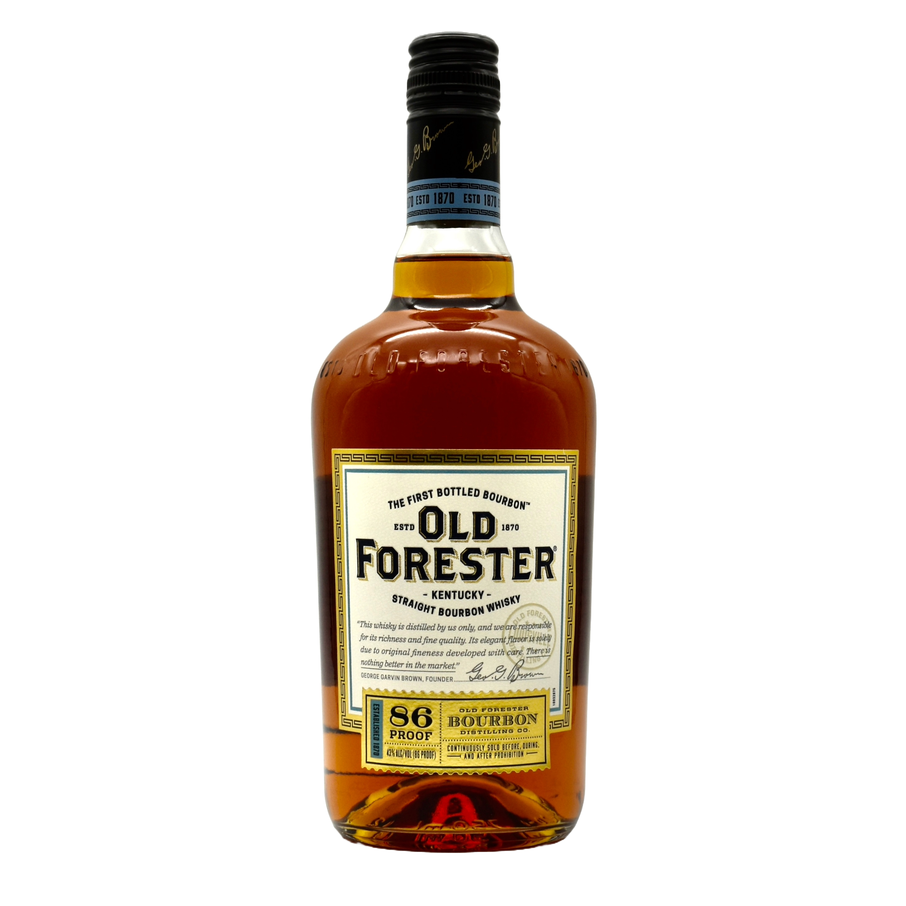 A bottle of Old Forester bourbon whiskey with a label displaying the brand name and proof, against a white background.