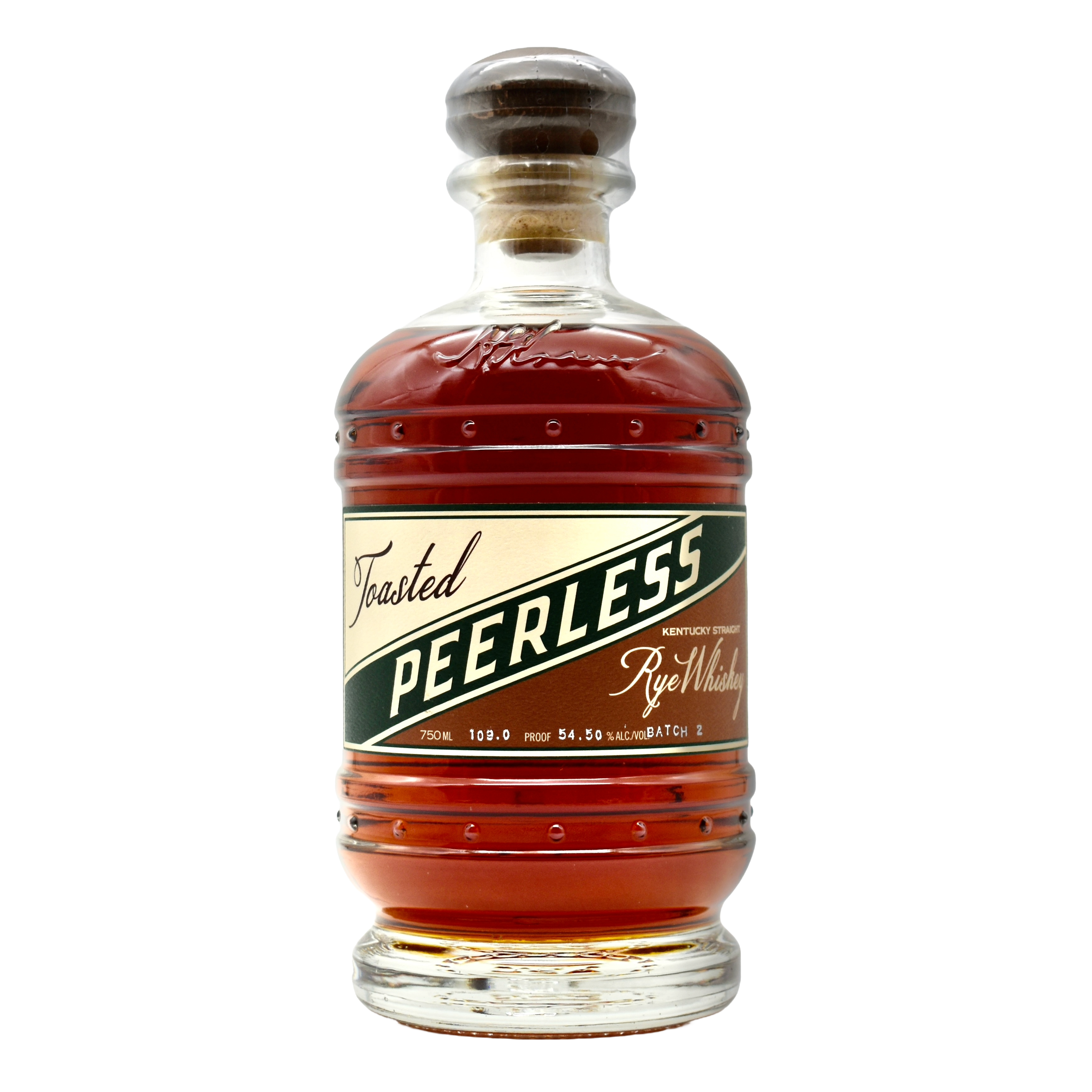 Bottle of Peerless Toasted Rye Whiskey on a white background