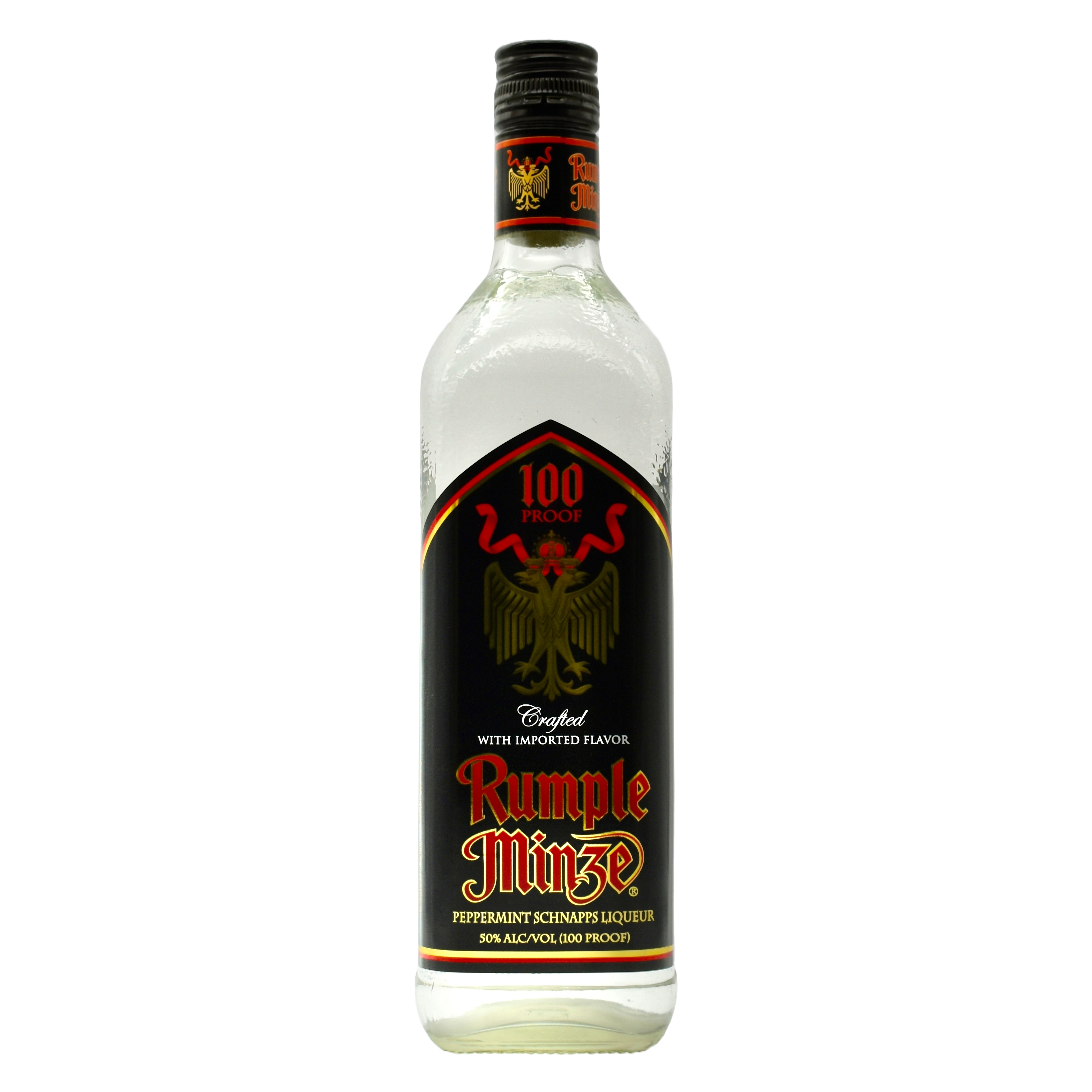A bottle of Rumple Minze Peppermint Liqueur with a label displaying the brand name and a red-faced emblem, against a white background.
